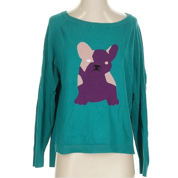 French Connection Teal Bulldog Crewneck Pullover Sweater Women’s Size Small S - Picture 1 of 6